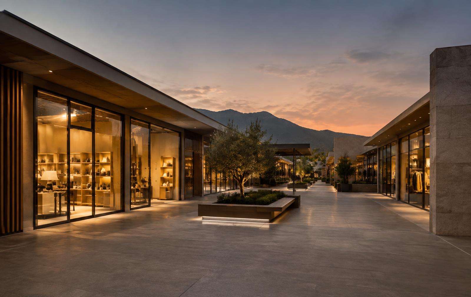 Centro comercial abierto al atardecer